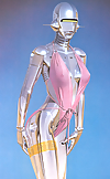 Attractive robot woman takes off her sexy pink dre
